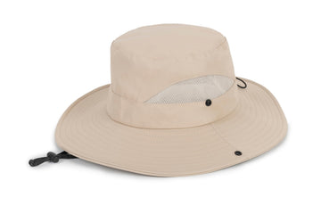 Close-up of UV protection label on beige hat