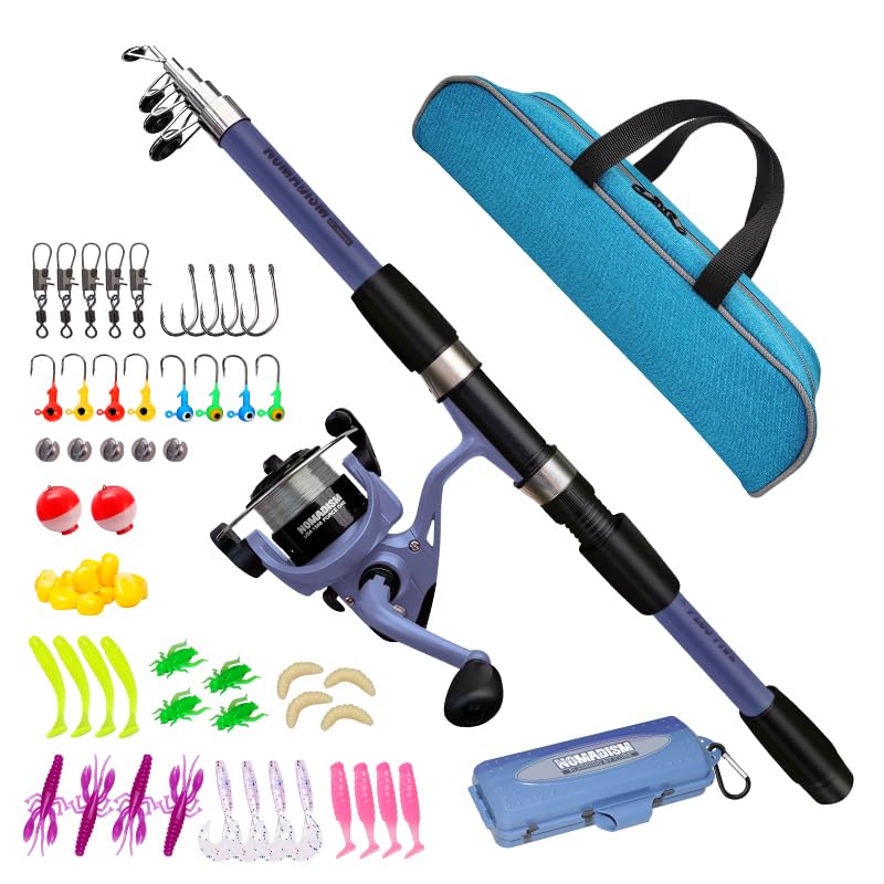 Ambidextrous kids fishing pole set with blue 1.65m rod and reel