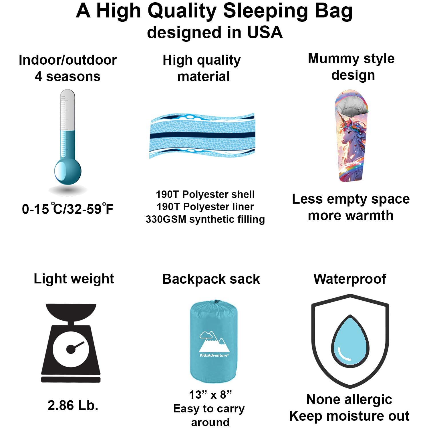 KidzAdventure 6ft1-long sleeping bag fits kids and teens comfortably.