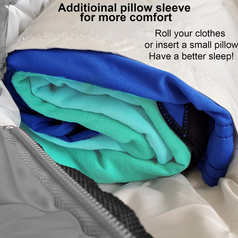 KidzAdventure Mummy Style 32-59F pillow-sleeve sleeping bag for extra comfort.