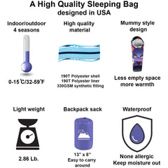 KidzAdventure Mummy Style 32-59F puppy print sleeping bag for playful campers.