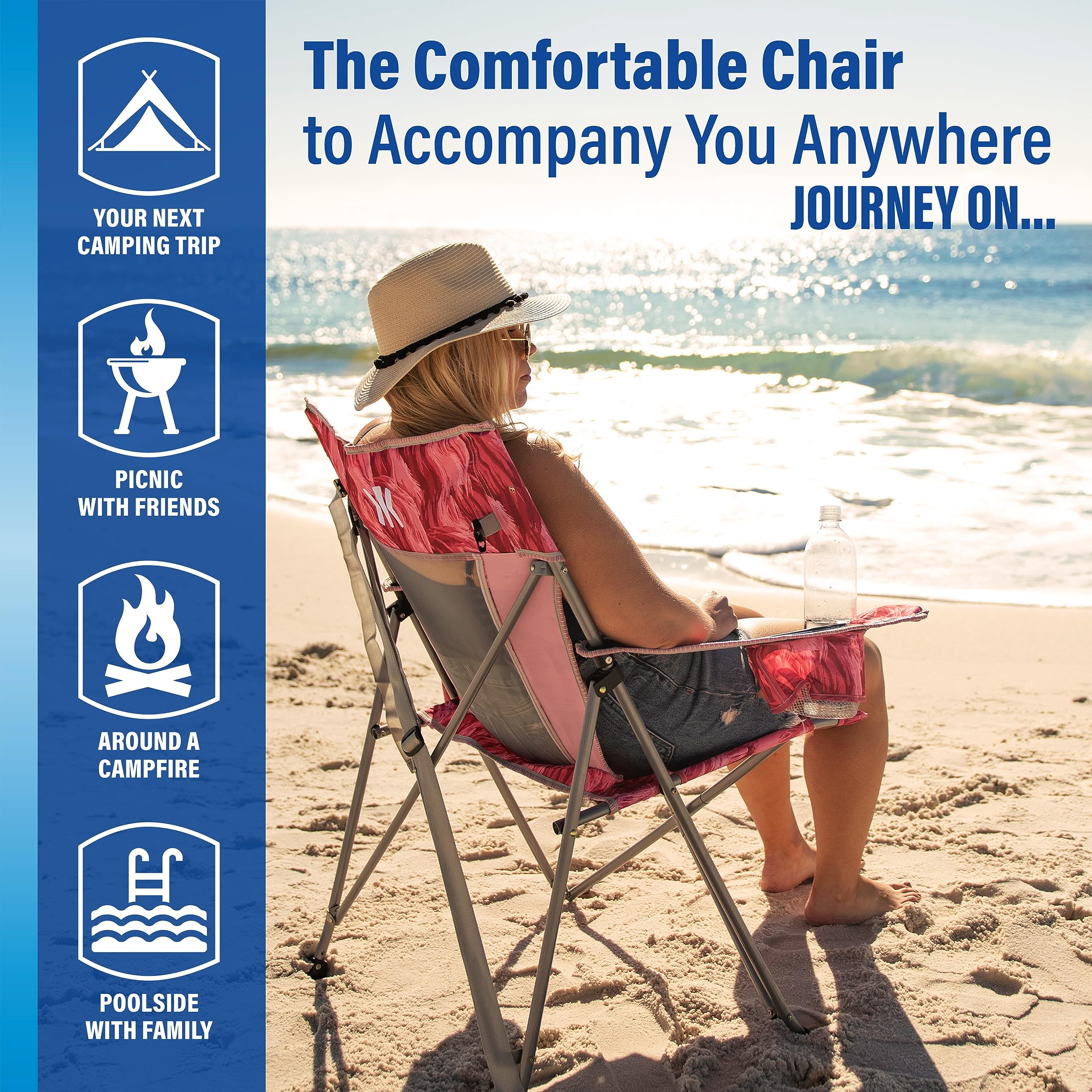 Kijaro Journey Print chair highlights breathable mesh back for hot days.
