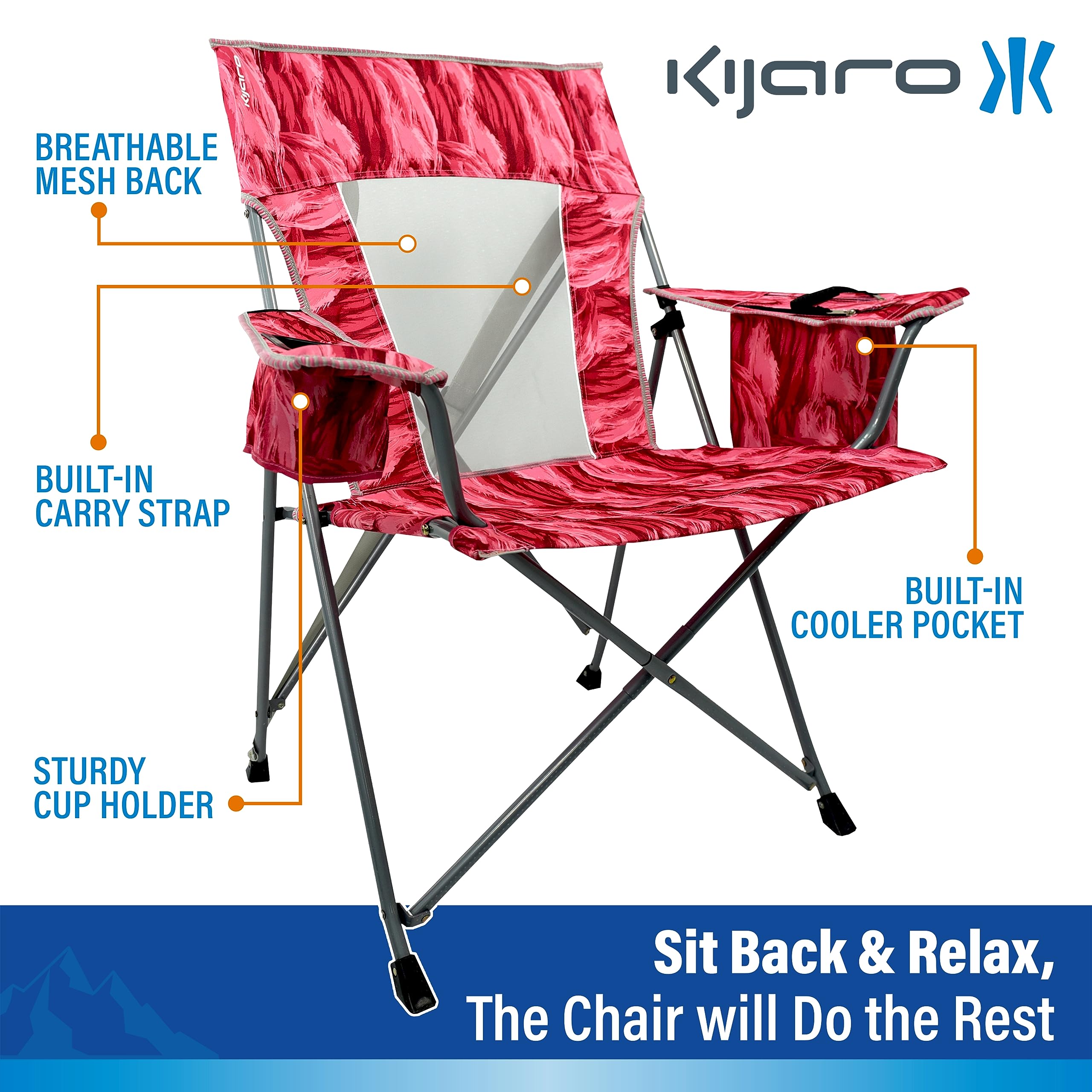 Kijaro Journey Print chair features detachable pillow for neck support.