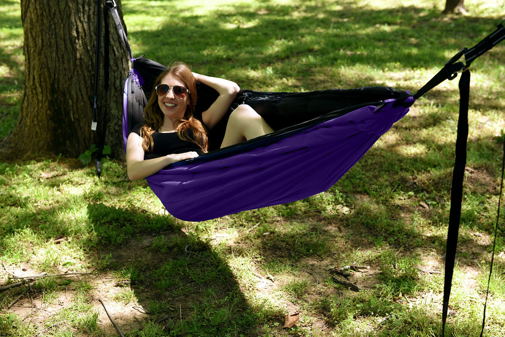 Kijaro Kubie integrated hammock straps for easy setup.