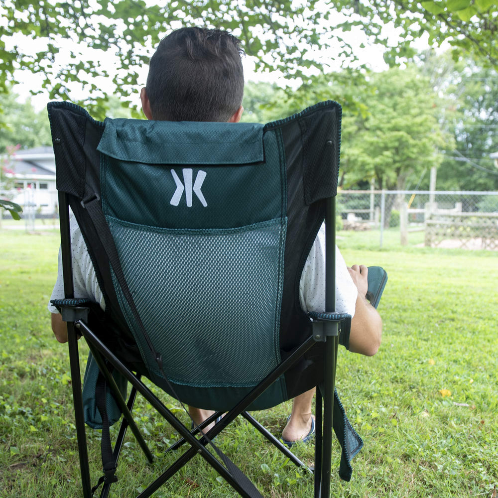 Kijaro Sling Chair Hallett Peak Gray showing oversized cupholders for large bottles or drinks.