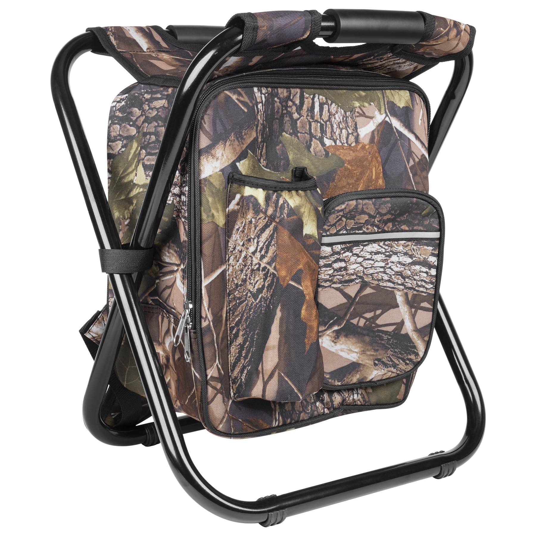 Kikerike backpack stool folded compactly for easy portability on trips.