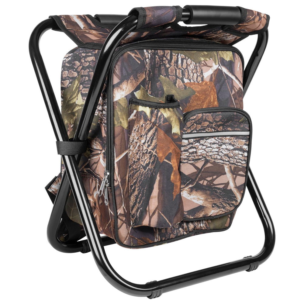 Kikerike backpack stool folded compactly for easy portability on trips.