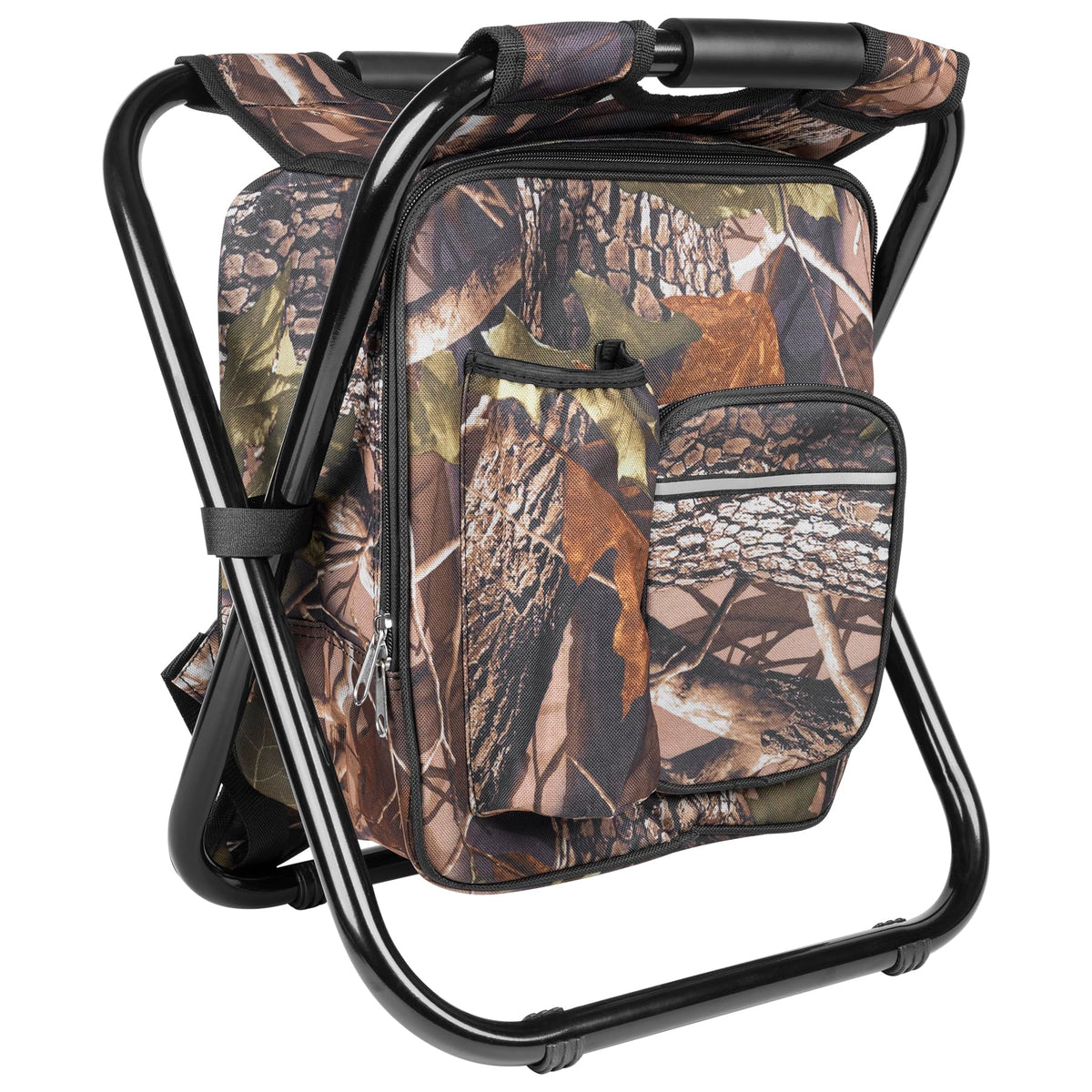 Kikerike backpack stool folded compactly for easy portability on trips.