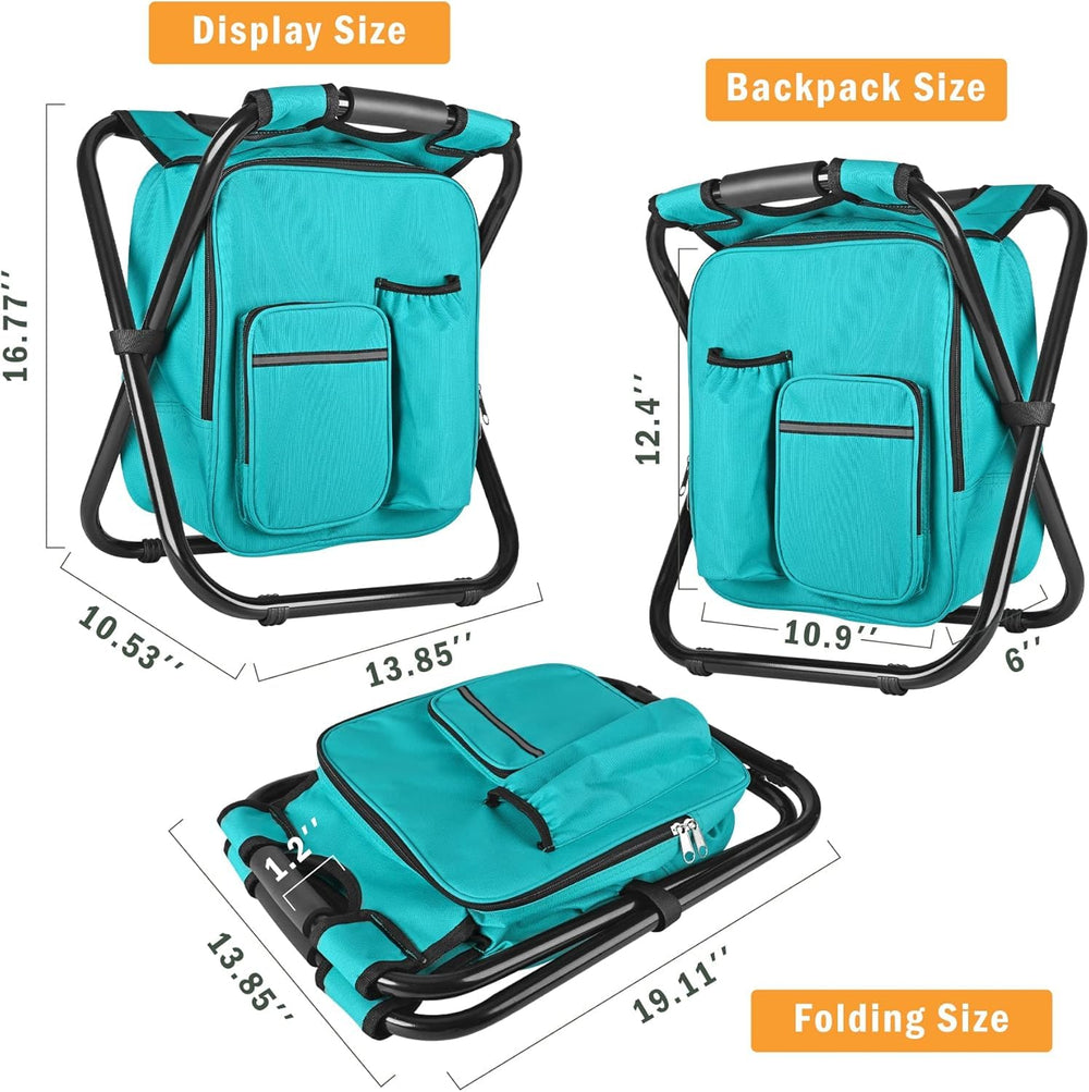 Kikerike backpack stool cooler chair in-use as portable seat and insulated cooler.