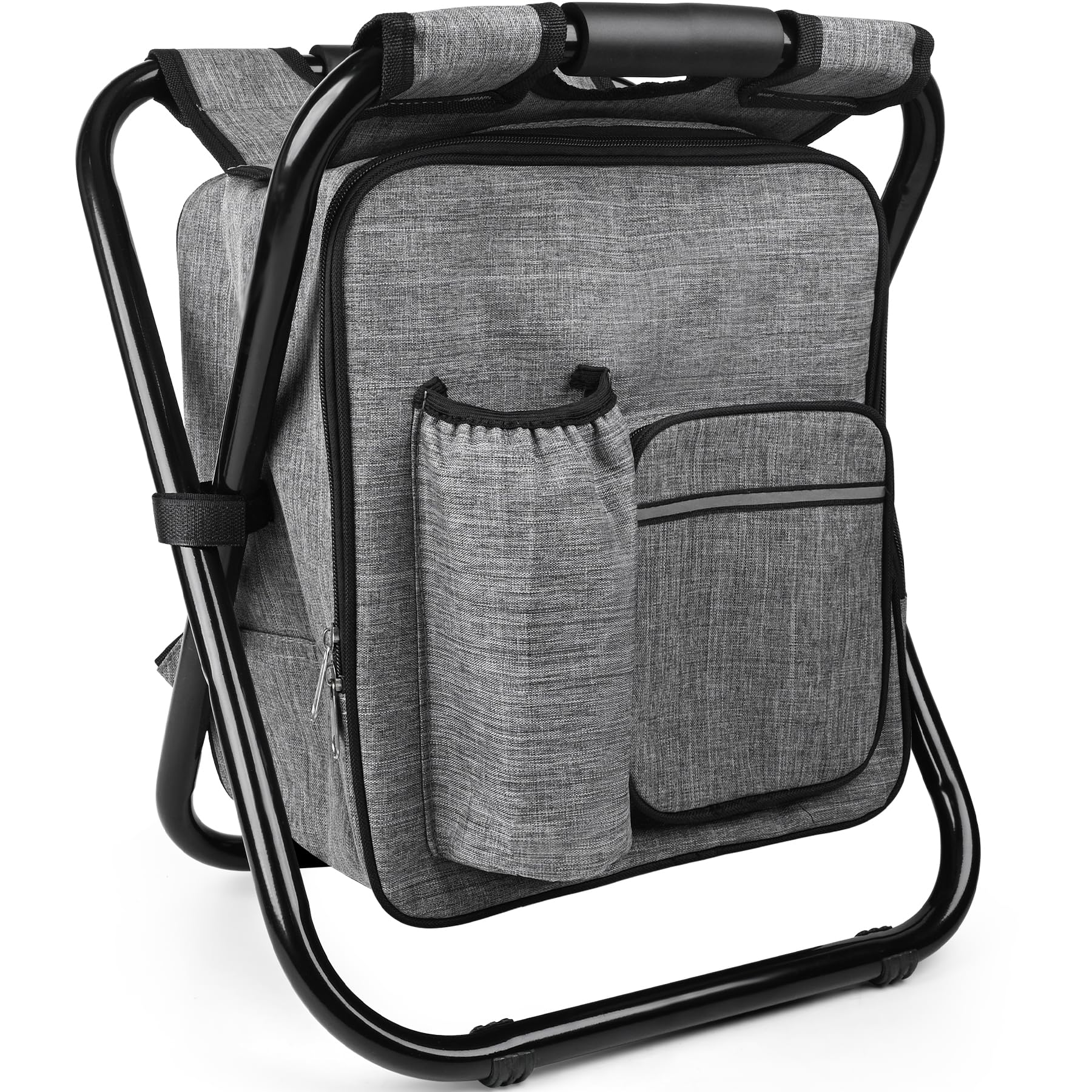 Kikerike backpack stool gray in setup mode for outdoor camping seating.