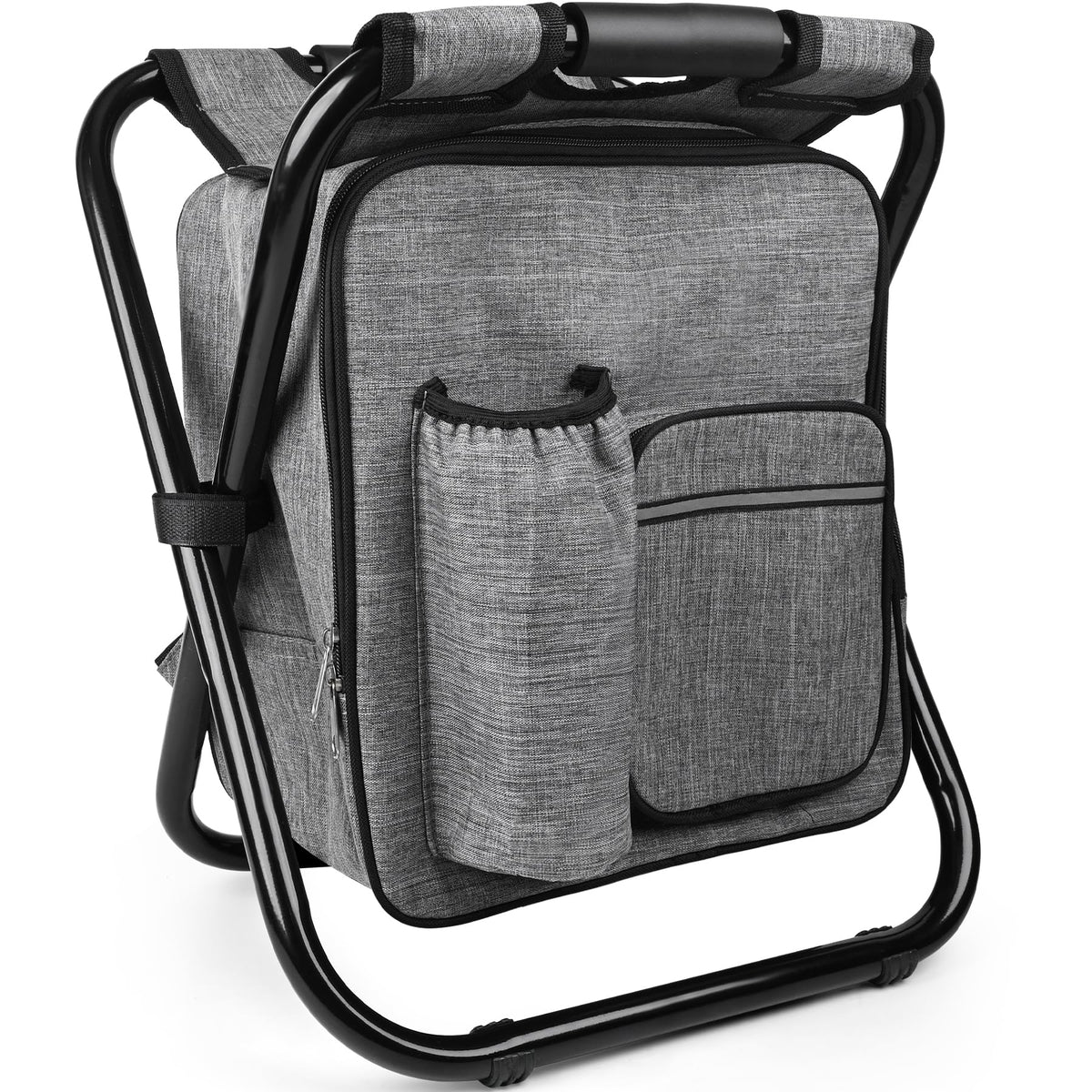 Kikerike backpack stool gray in setup mode for outdoor camping seating.