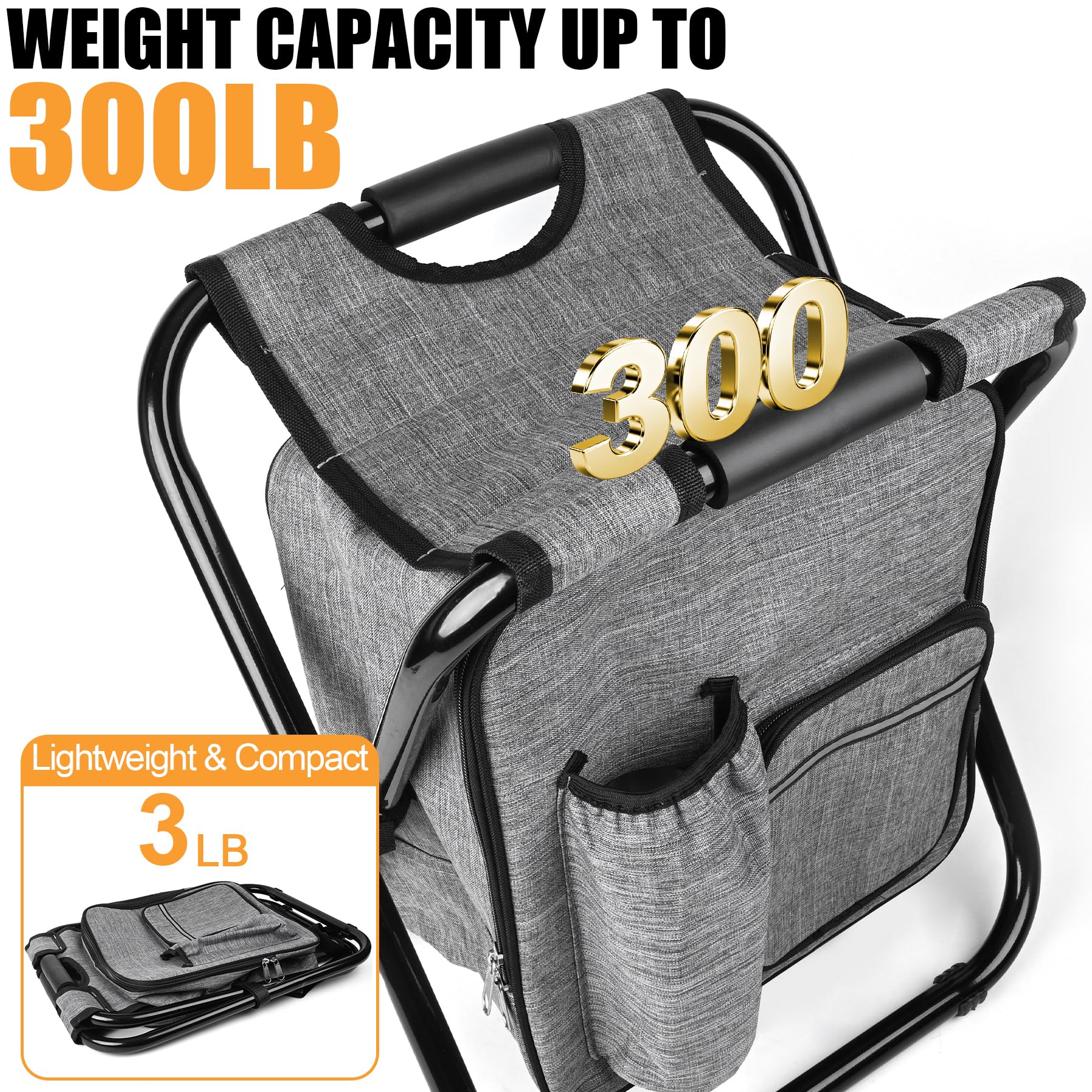 Kikerike backpack stool gray outer pockets keep water bottle and phone accessible.