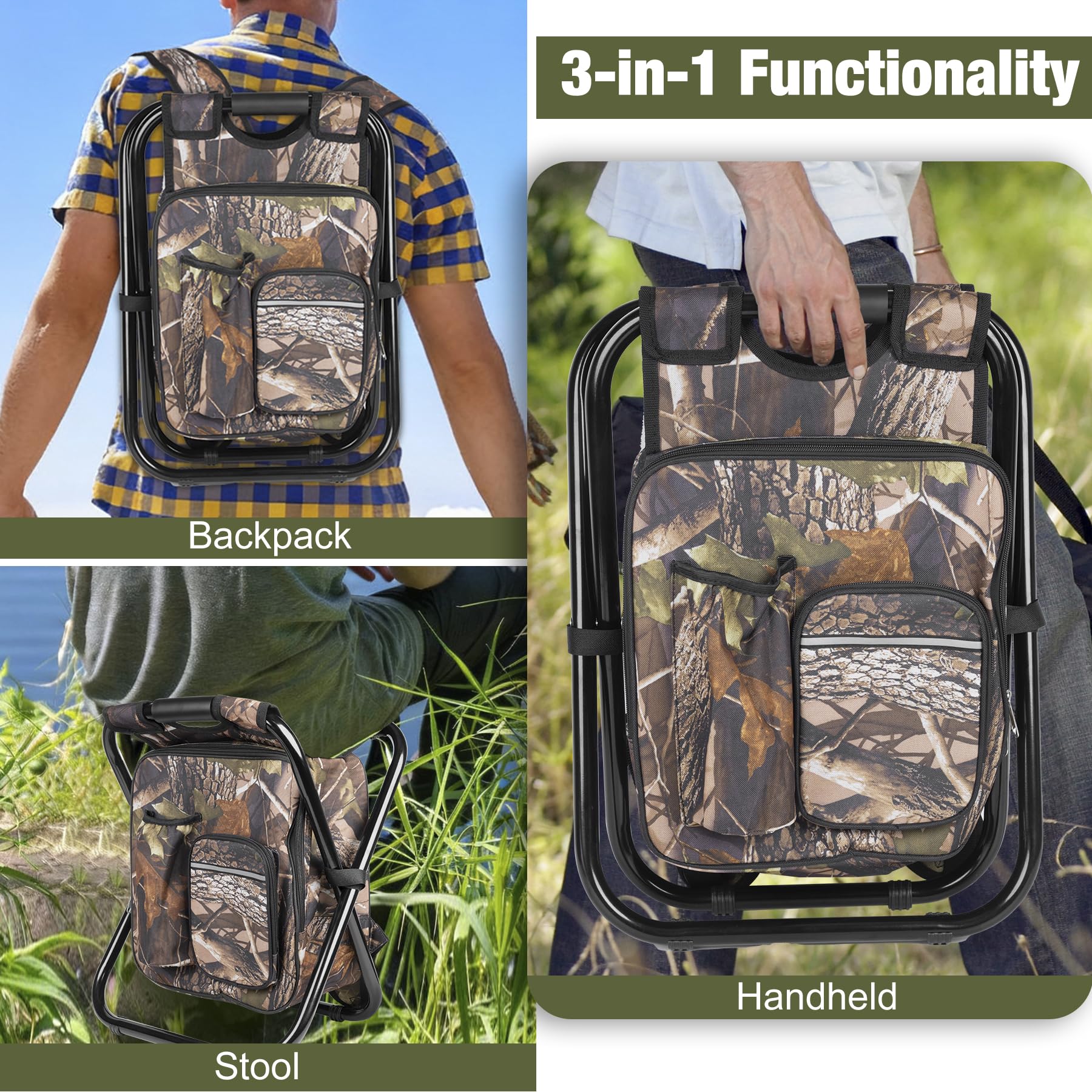 Kikerike backpack stool features multiple pockets for gear organization.