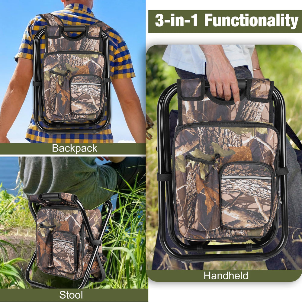 Kikerike backpack stool features multiple pockets for gear organization.