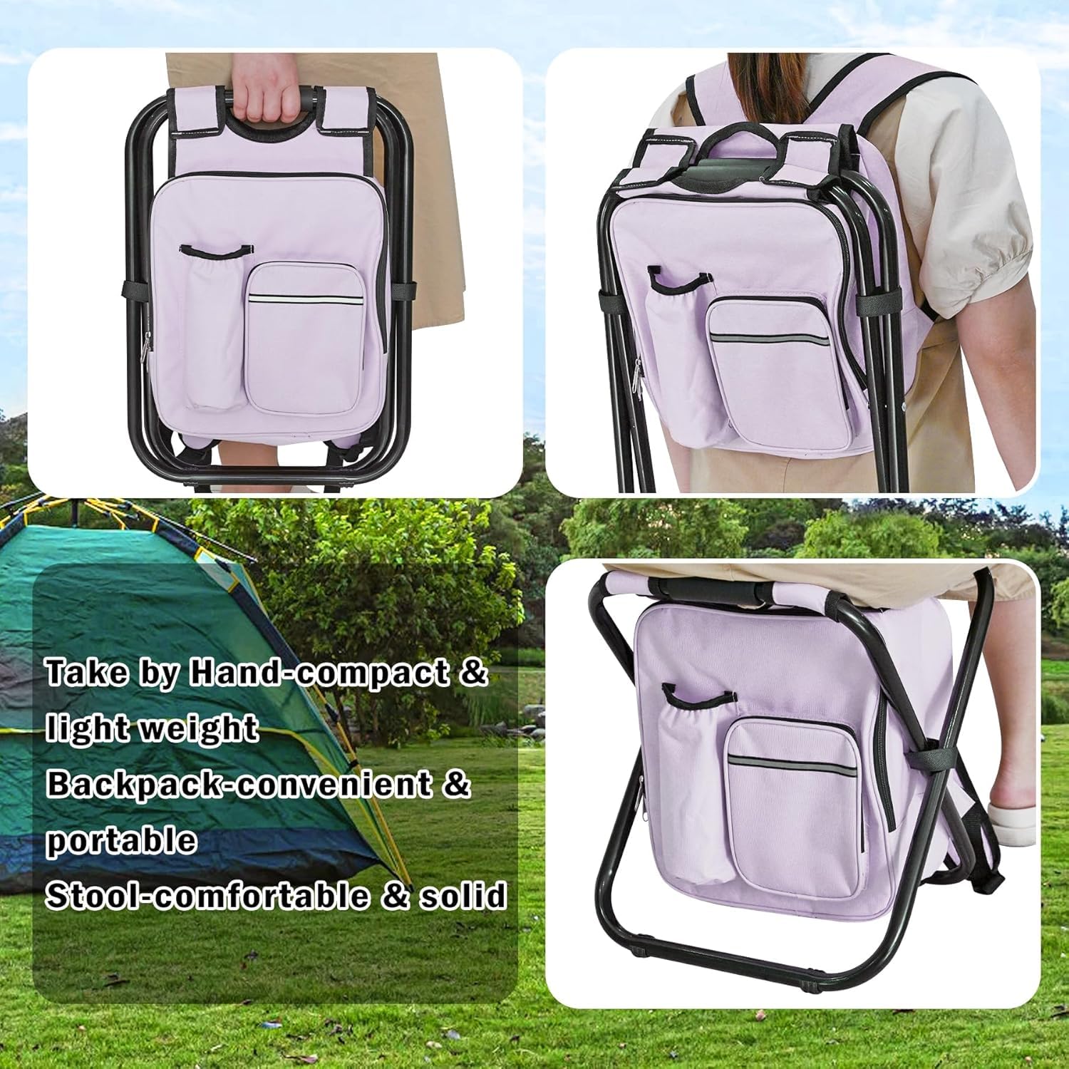 Kikerike backpack stool seat detail highlights comfortable, durable seating on rugged terrain.