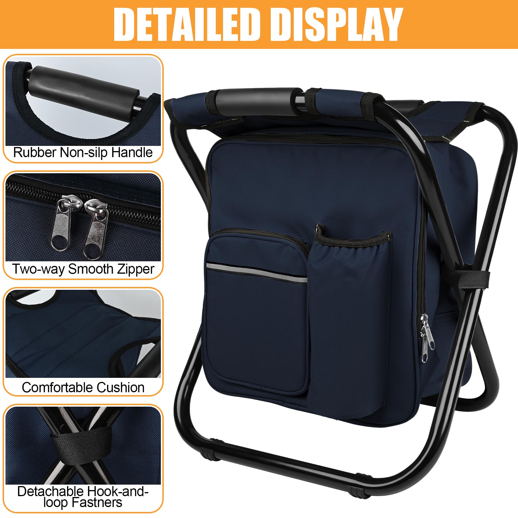 Kikerike backpack stool outer pockets for cups and phone.
