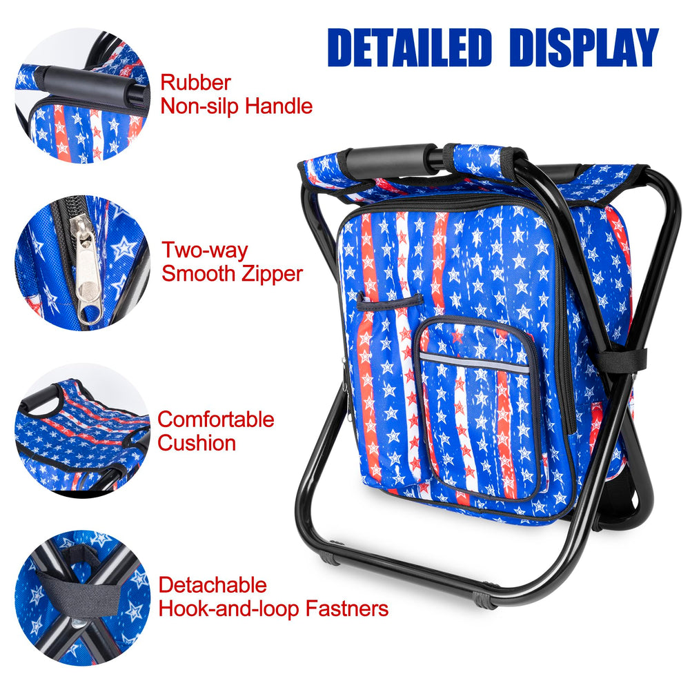 Kikerike backpack-stool-storage-pockets showcases ample pockets for water bottle and phone.