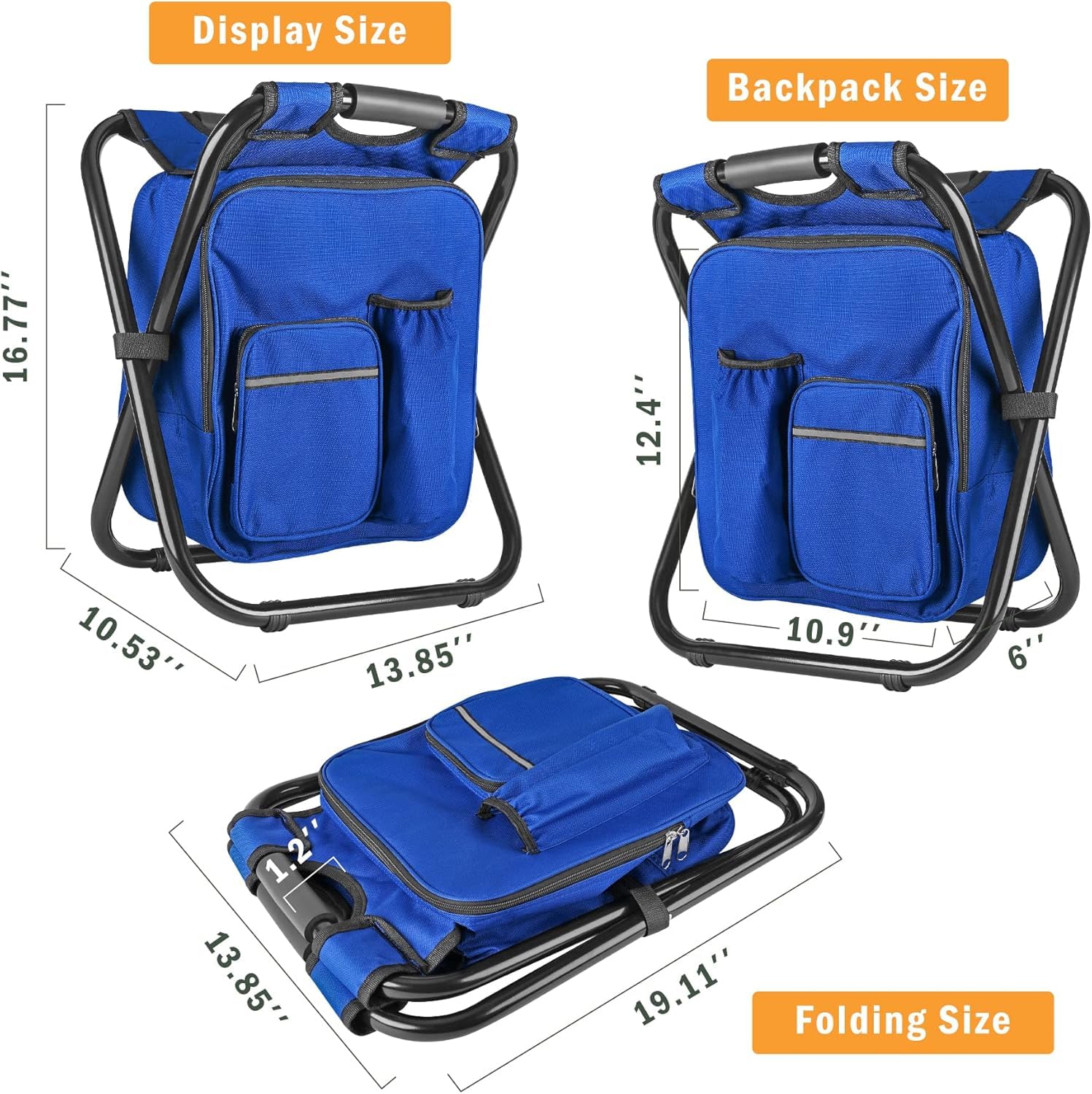 Kikerike backpack-stool unfolded dark blue ready for outdoor seating.