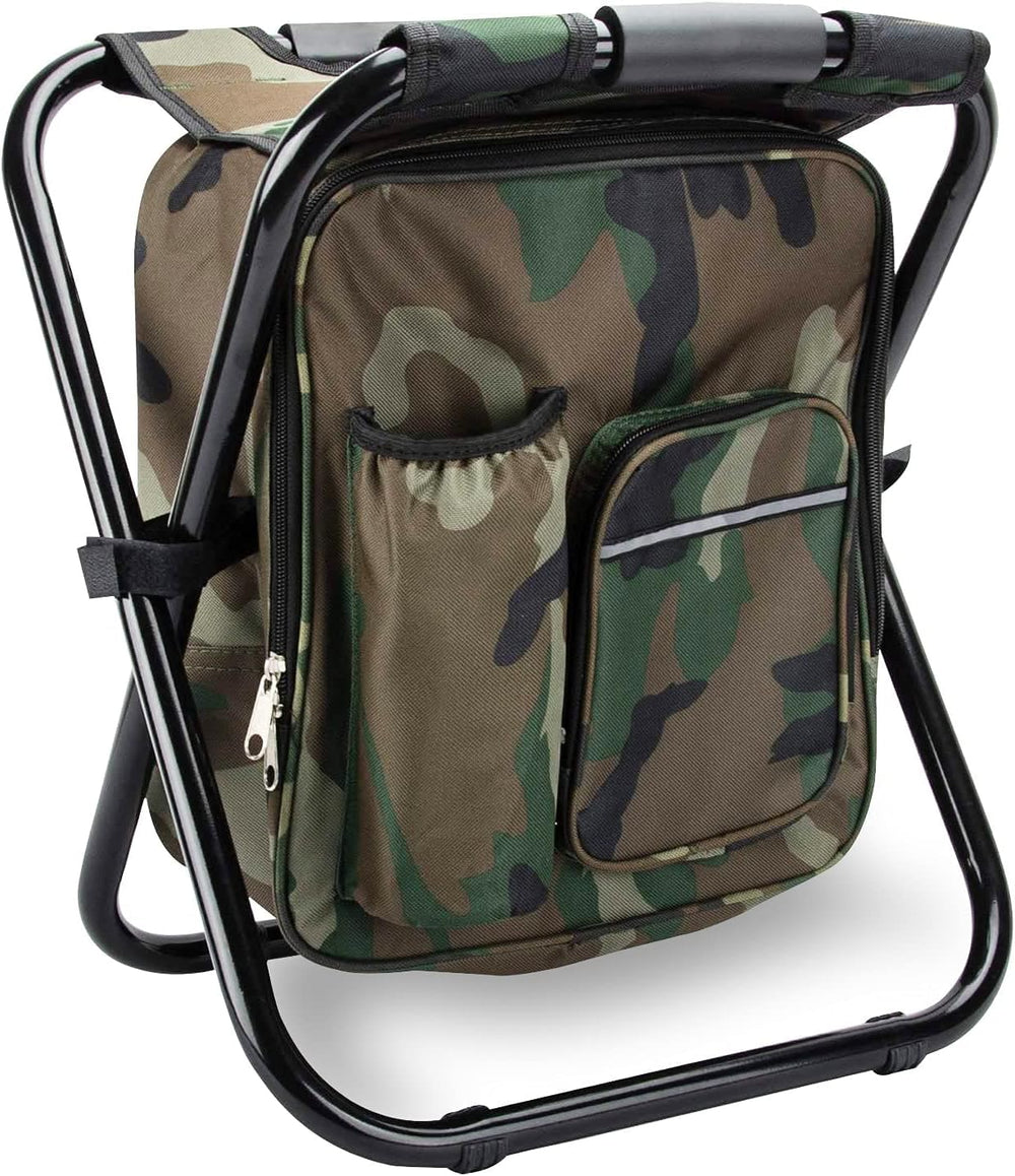 Kikerike folding stool backpack assembled for travel-ready outdoor seating.