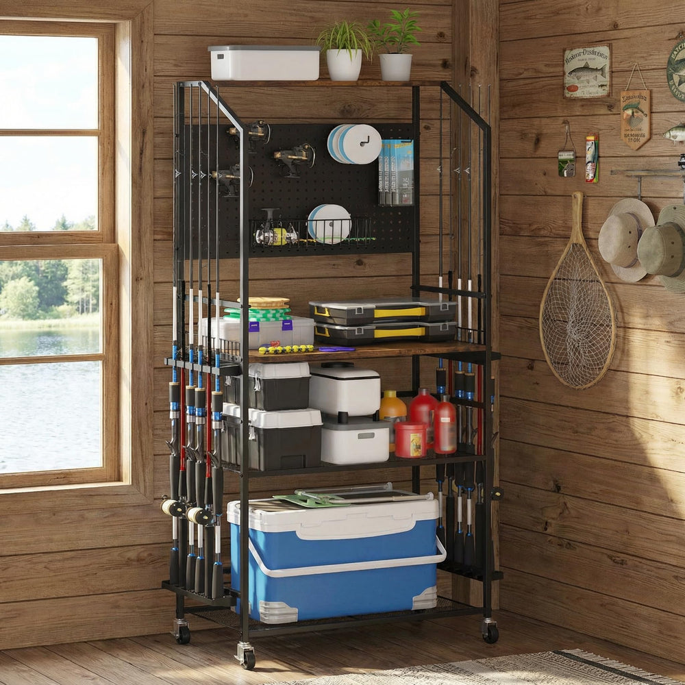 Kikihouse 4-Tier rod holder assembled view showing ample rod storage access