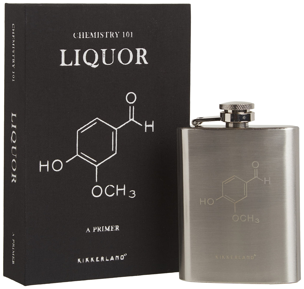 Kikkerland Chemistry 101 Flask Book cover, compact concealed flask for discreet travel.