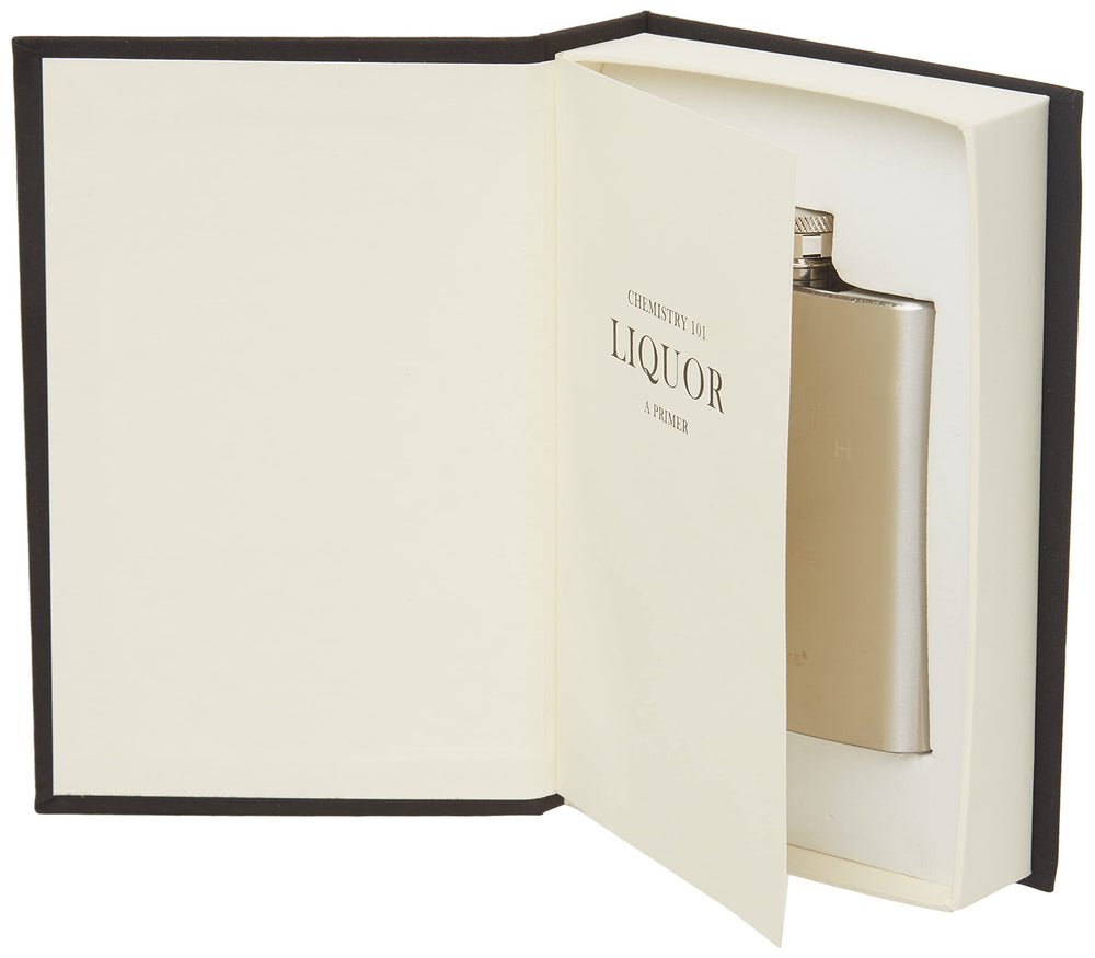 Kikkerland Chemistry 101 Flask Book stainless flask detail emphasizes durable construction.