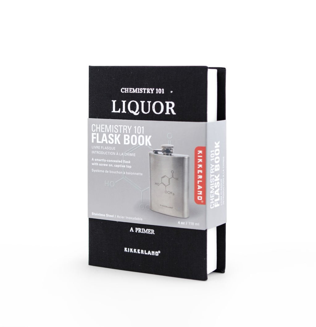 Kikkerland Chemistry 101 Flask Book being held demonstrates pocket-friendly portability.