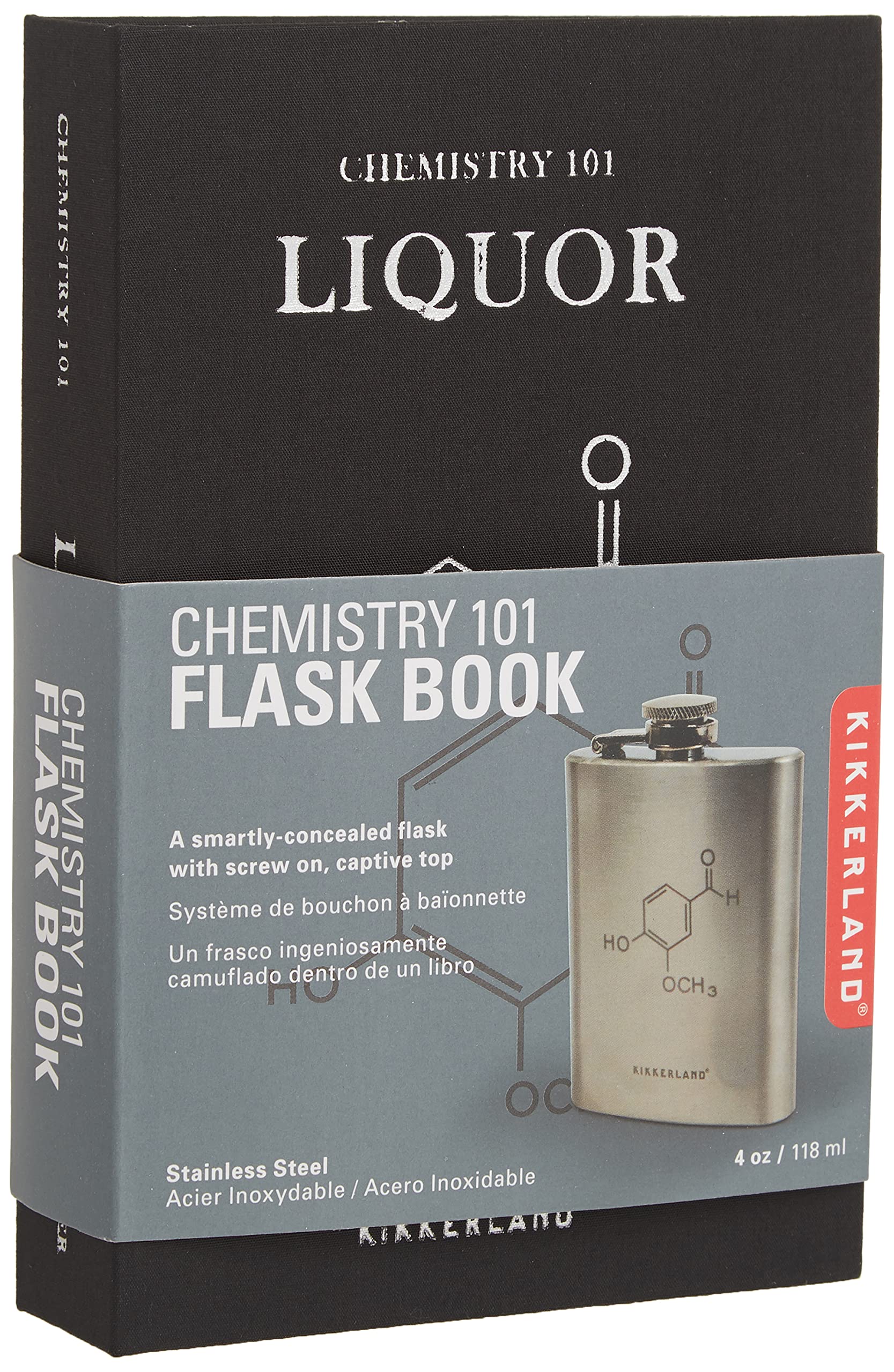 Kikkerland Chemistry 101 Flask Book open-spine showcases hidden stainless steel flask inside.