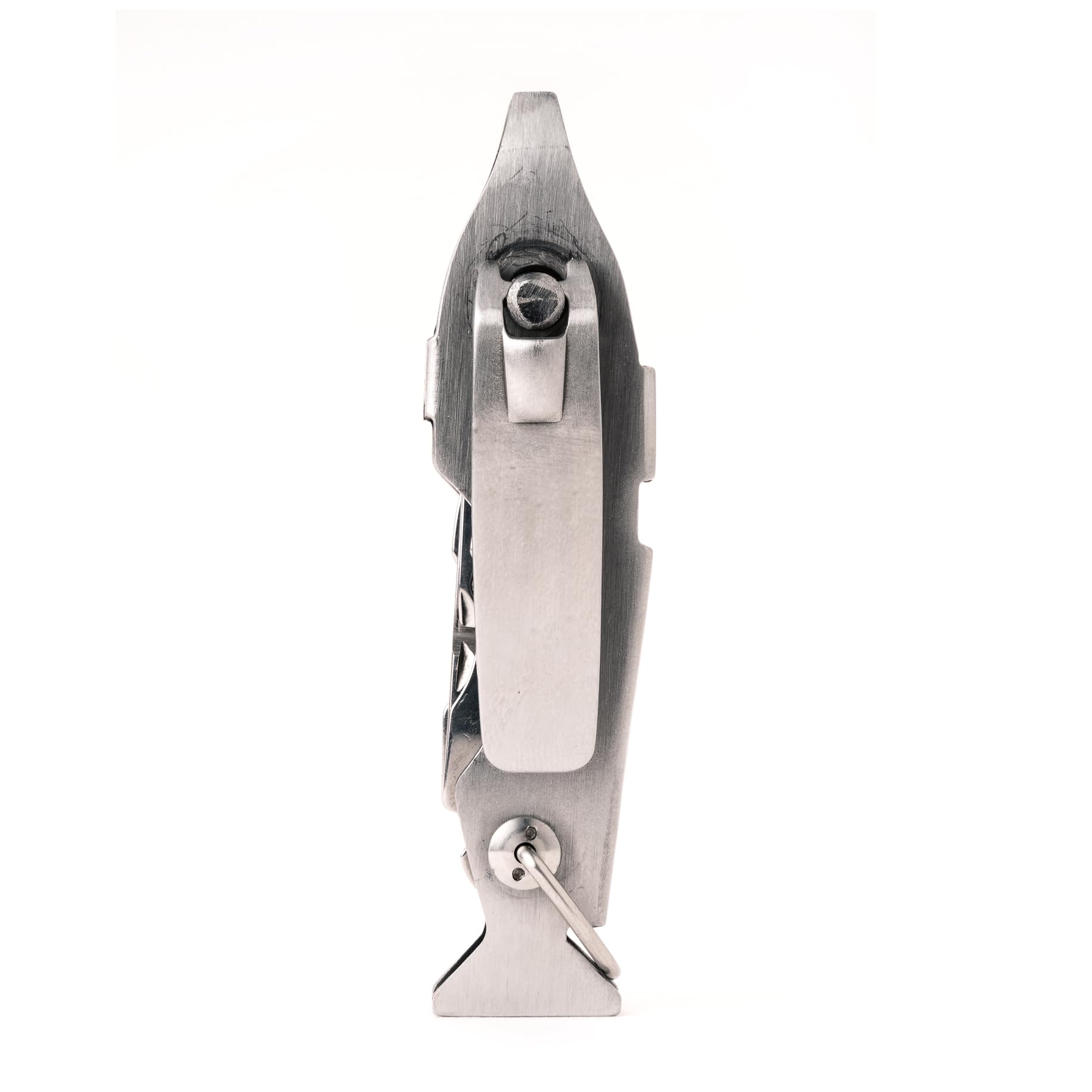 Compact stainless steel multi tool opened showing pincer and knife