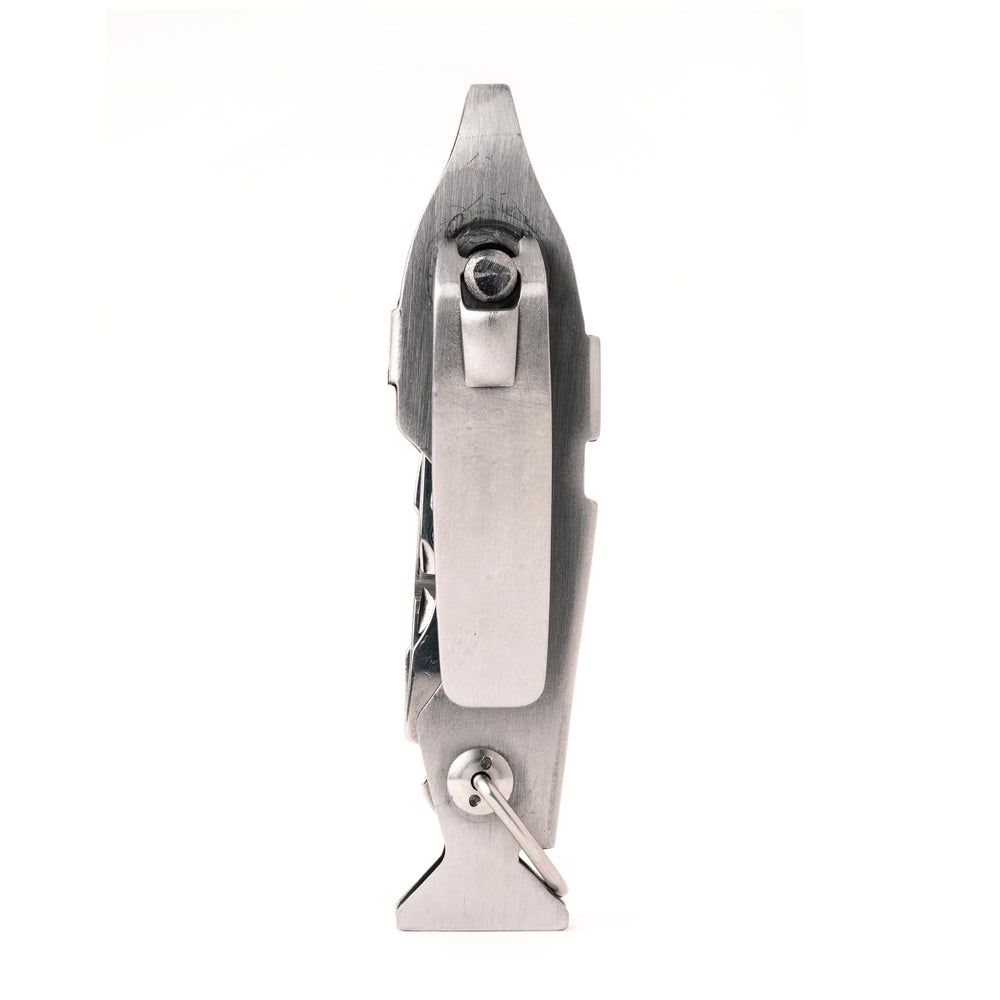 Compact stainless steel multi tool opened showing pincer and knife