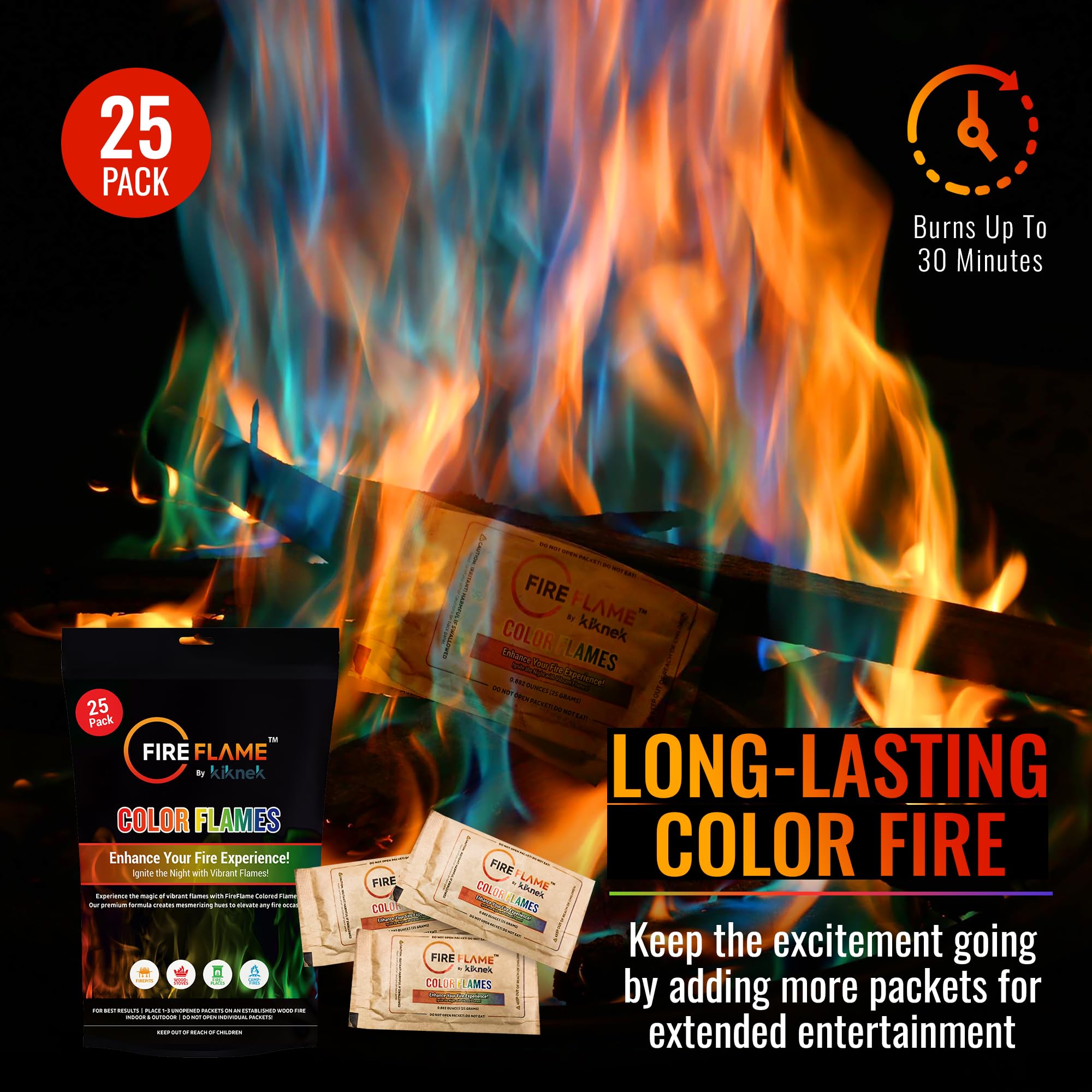 Kiknek Fireflame packets create rainbow flames on a bonfire safely
