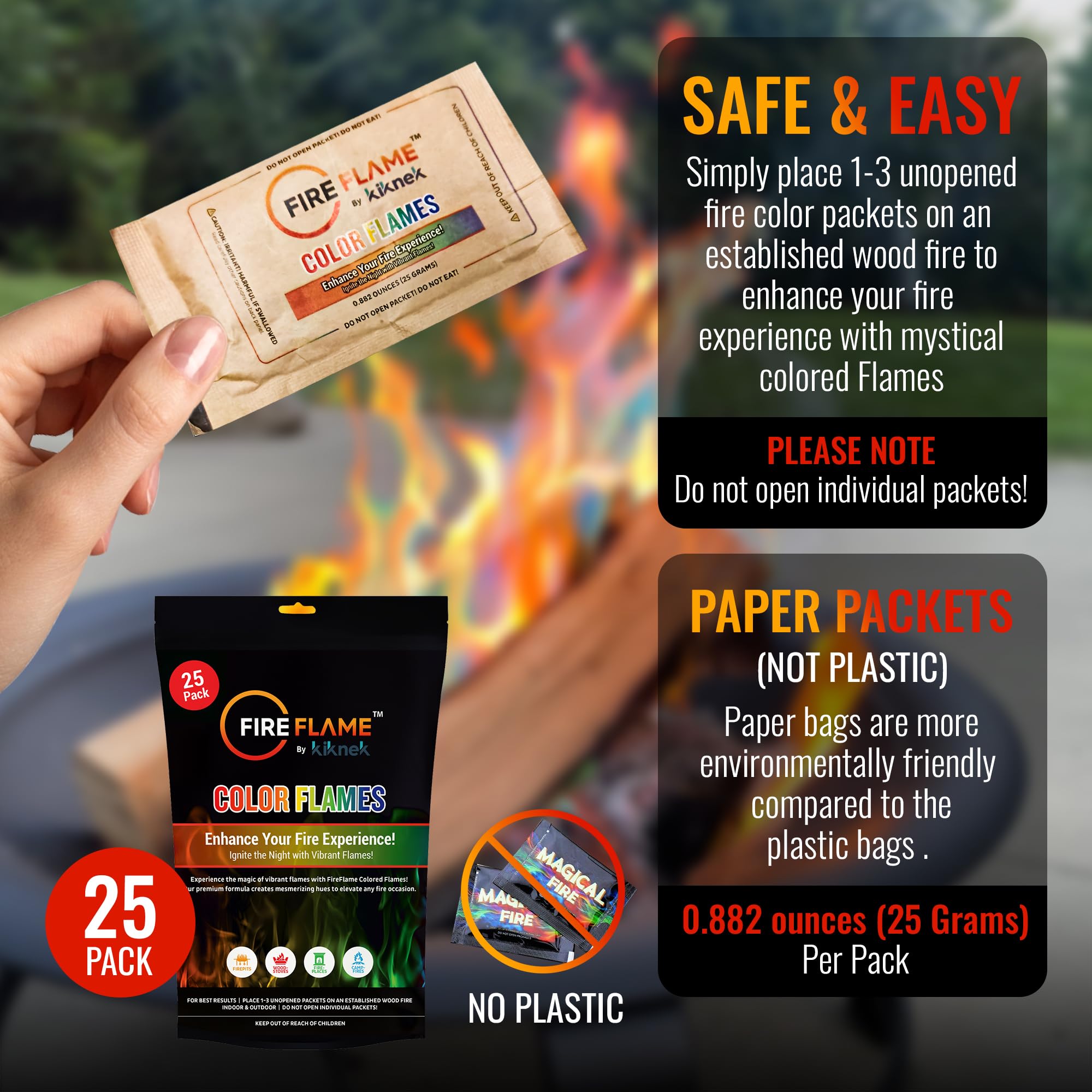 Kiknek Fireflame color-changing flames brighten an outdoor firepit with rainbow hues