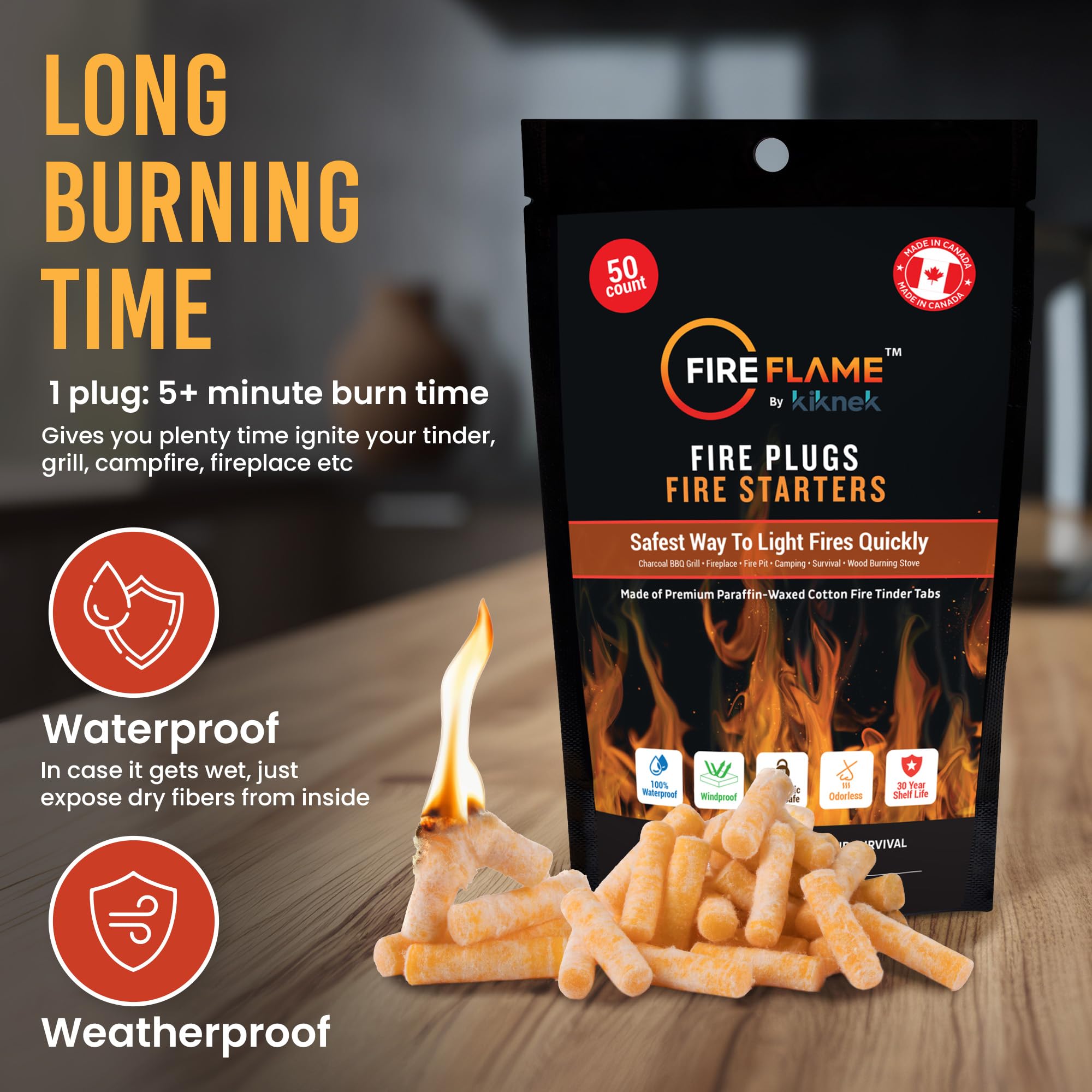 Kiknek FireFlame Plugs for indoor and outdoor fire-starting versatility.