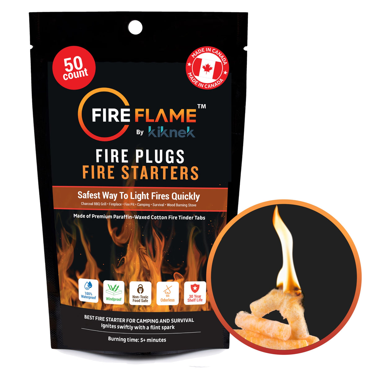 Kiknek FireFlame Plugs pack ready for quick ignition in outdoor settings.