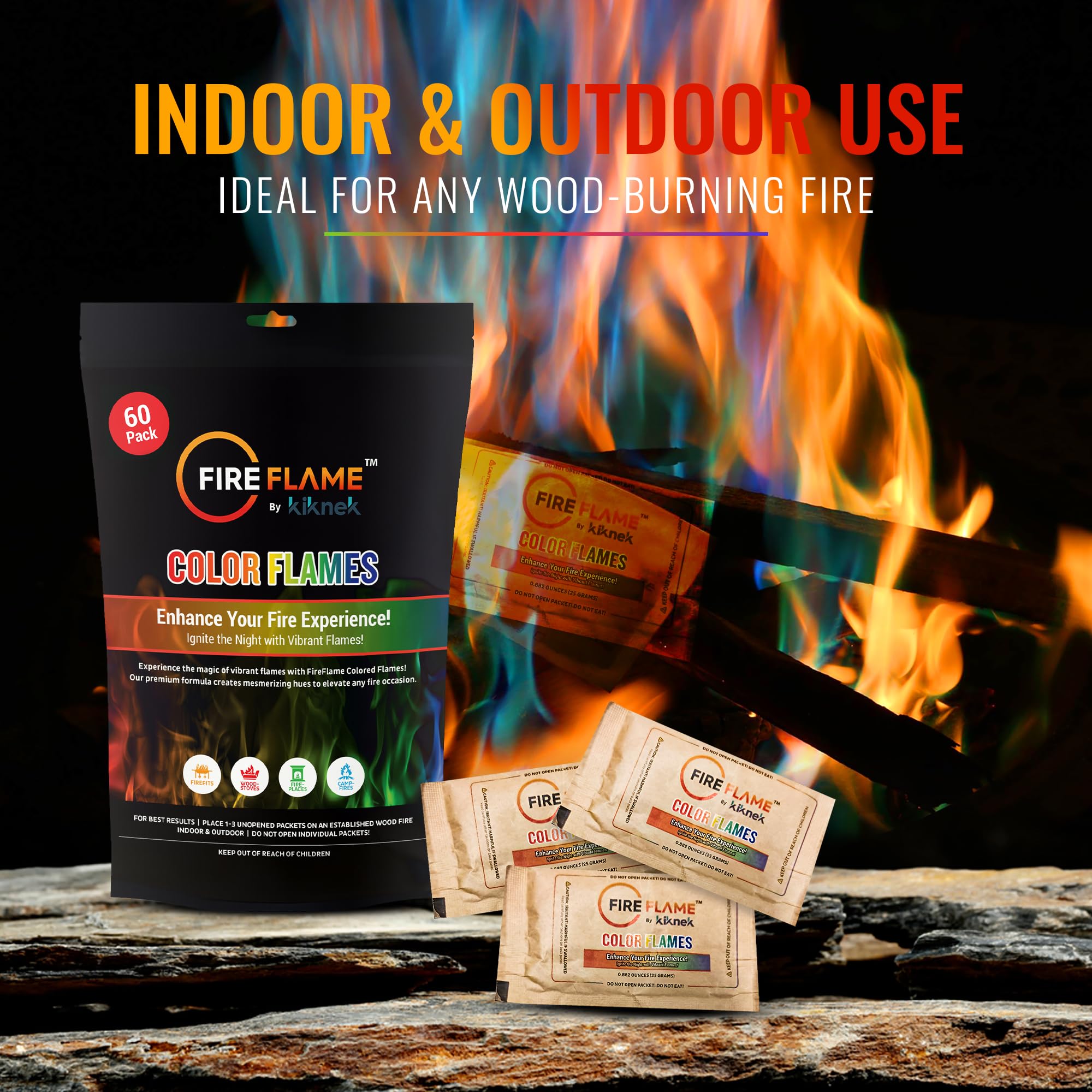 Kiknek Fireflame color-changing packets designed for safe family use around a fire