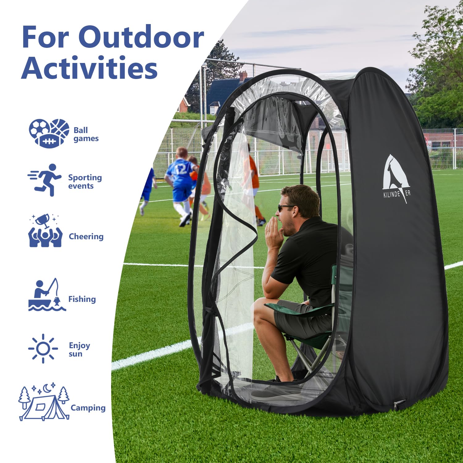 Kilindeer Sports Pod all-weather use provides wind and rain protection.