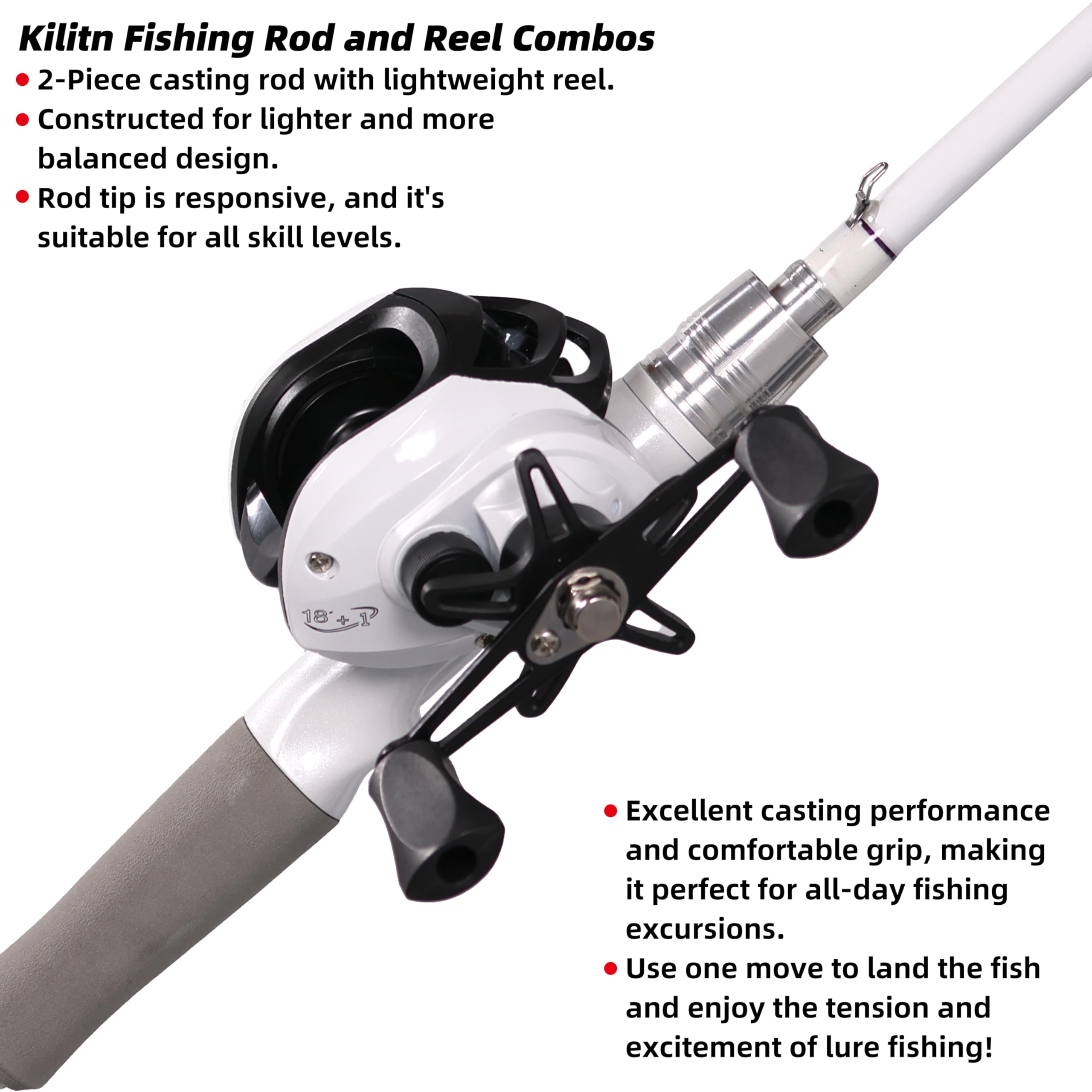 Kilitn 6ft white baitcasting rod and reel combo angled view