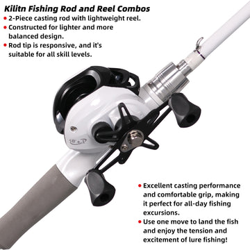 Kilitn 6ft white baitcasting rod and reel combo angled view