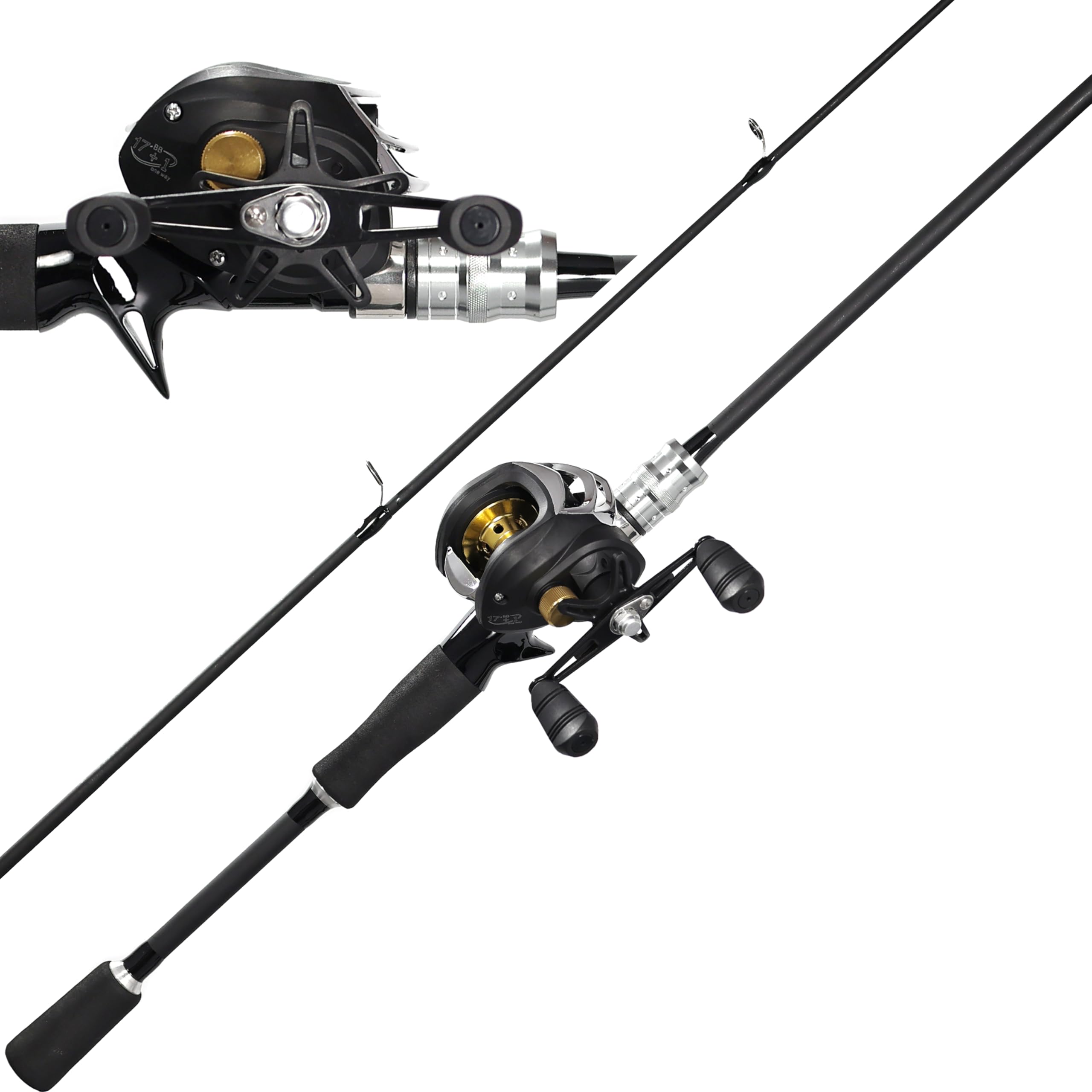 Kilitn black 6ft 2-piece baitcasting rod and reel combo – front view