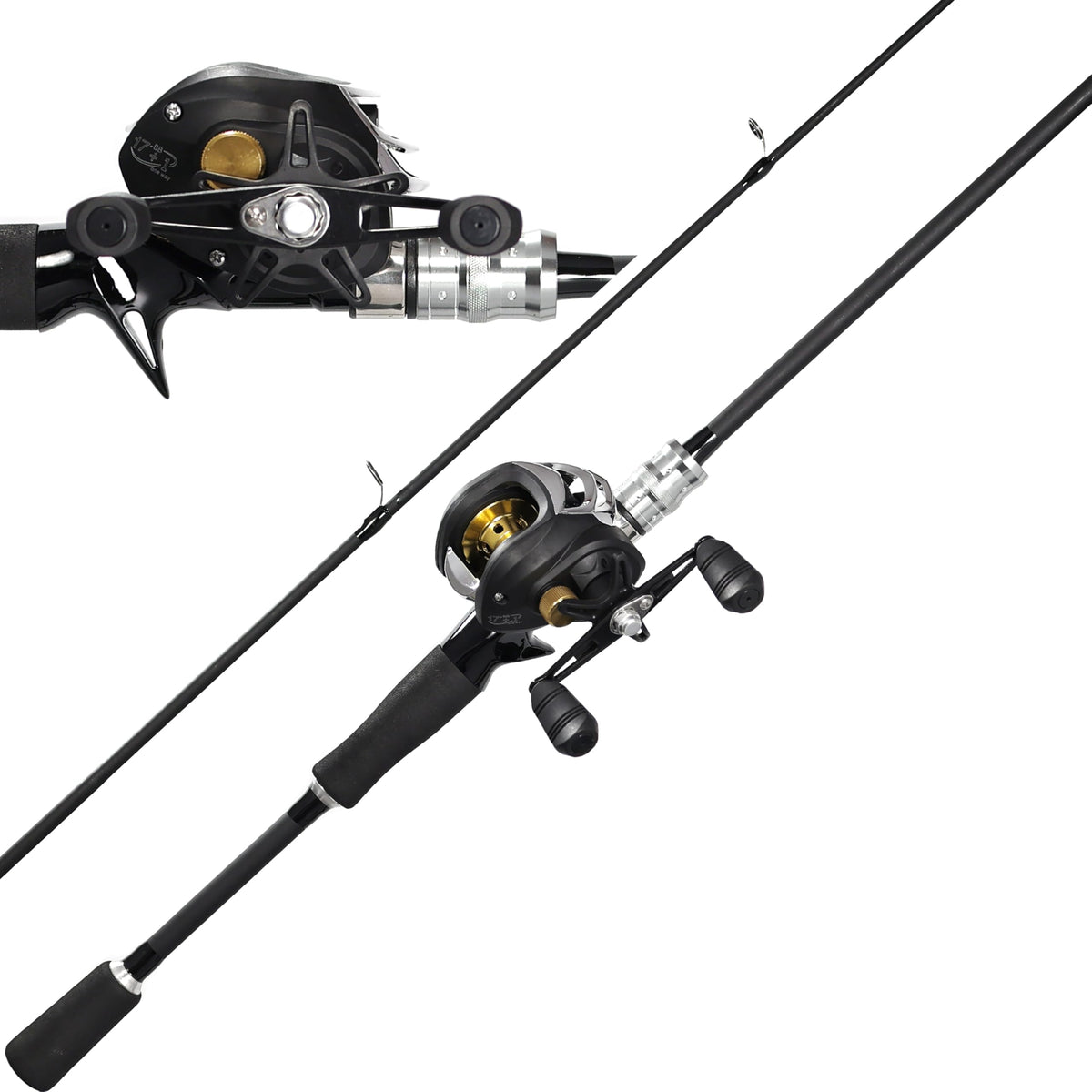Kilitn black 6ft 2-piece baitcasting rod and reel combo – front view
