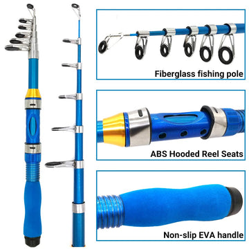 Open package showing telescopic rod, spinning reel, and line
