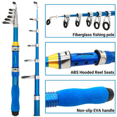 Open package showing telescopic rod, spinning reel, and line