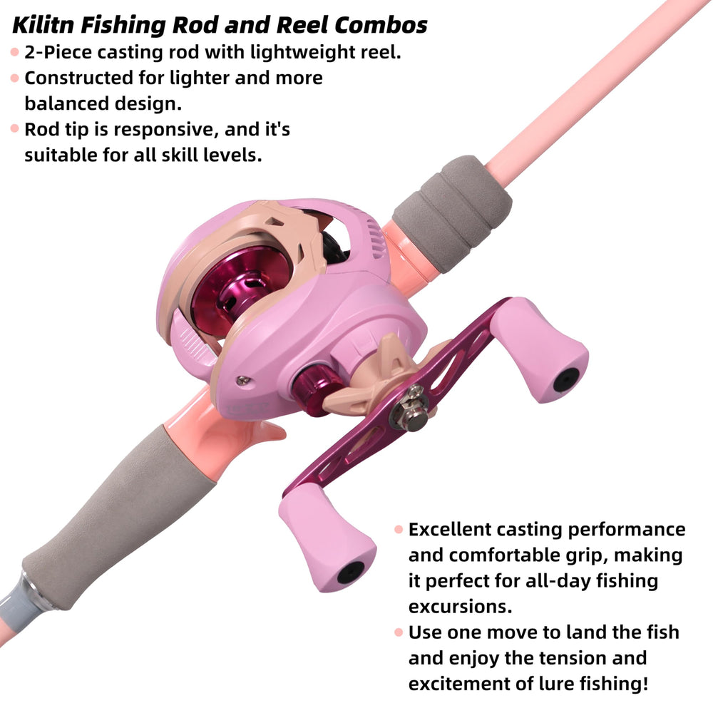 Kilitn pink baitcast reel shown for smooth, accurate casting