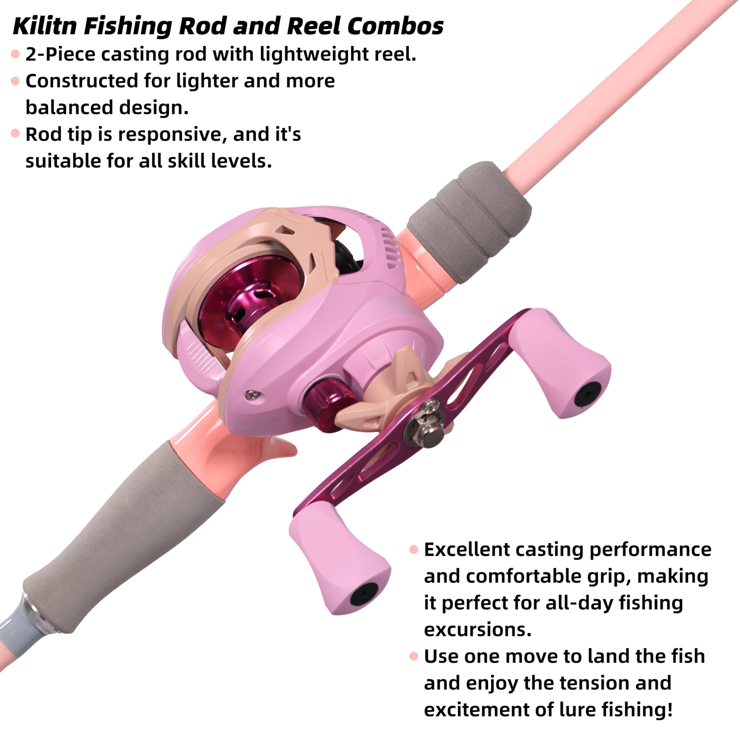 Close-up of Kilitn pink baitcasting rod and reel 6ft 2-piece
