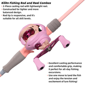 Close-up of Kilitn pink baitcasting rod and reel 6ft 2-piece