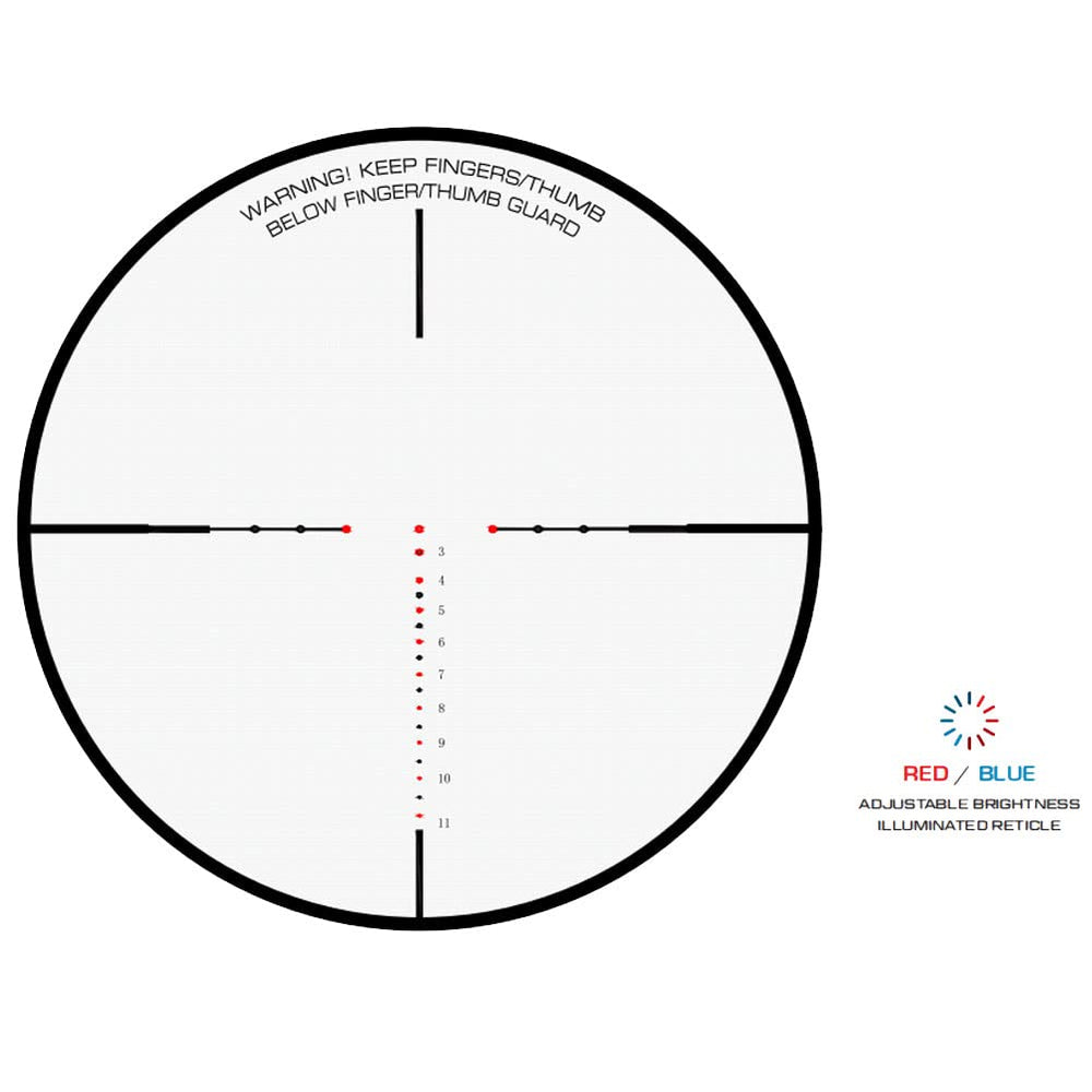 Killer Instinct Max View 2-7x36 reticle closeup shows precise LOC range marks for quick shots