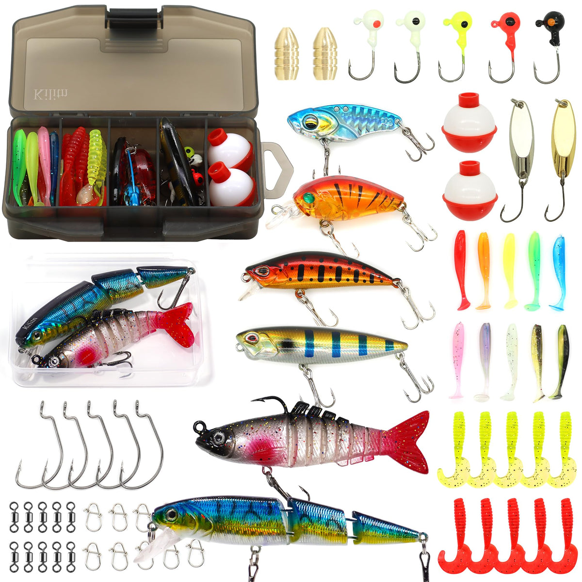 Kilitn Fishing Lures Kit box surrounded by assorted lures
