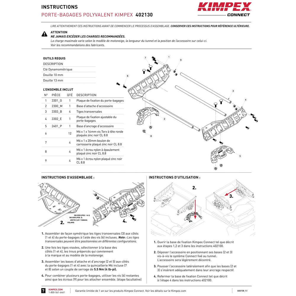 KimpexConnect versatile rack dimensions 310 mm x 375 mm x 112 mm fit many snowmobiles.