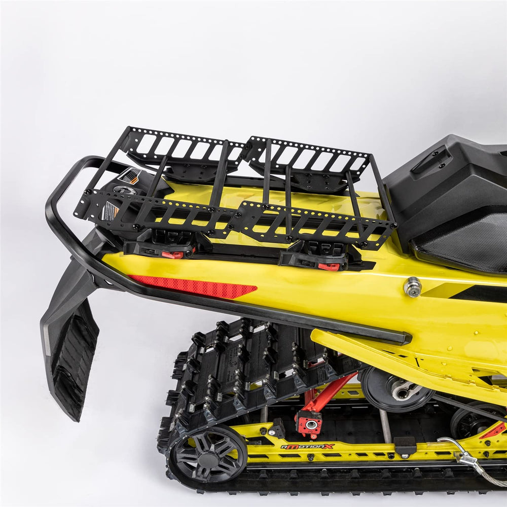 KimpexConnect versatile rack with transverse rods enabling multiple load setups on snowmobile.