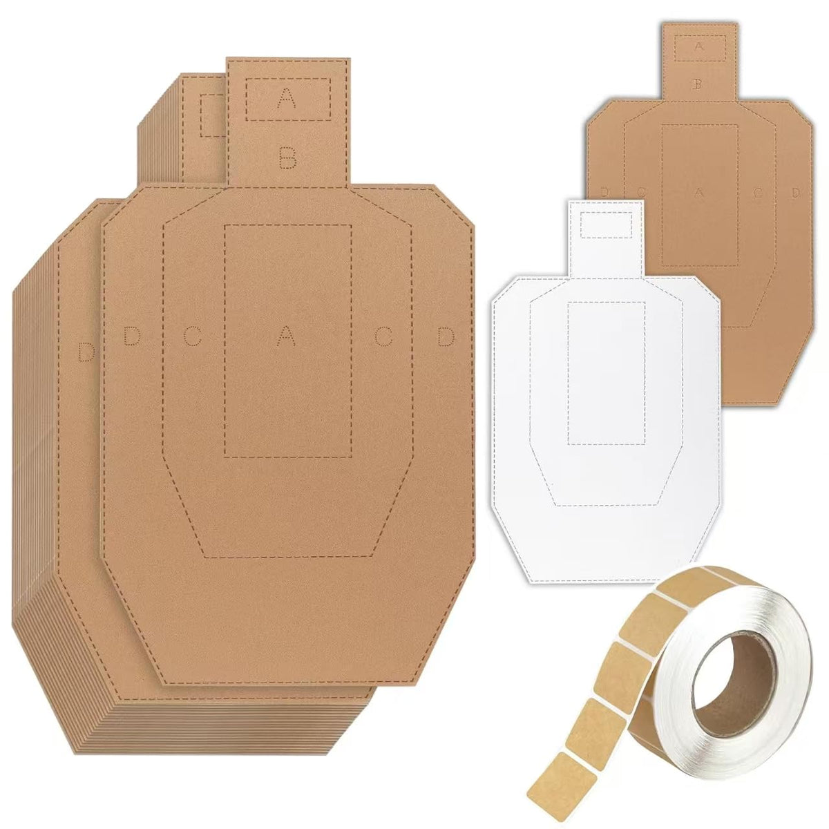 KIMSOFUNNY shooting targets pack shows tan front and white back for hit detection.